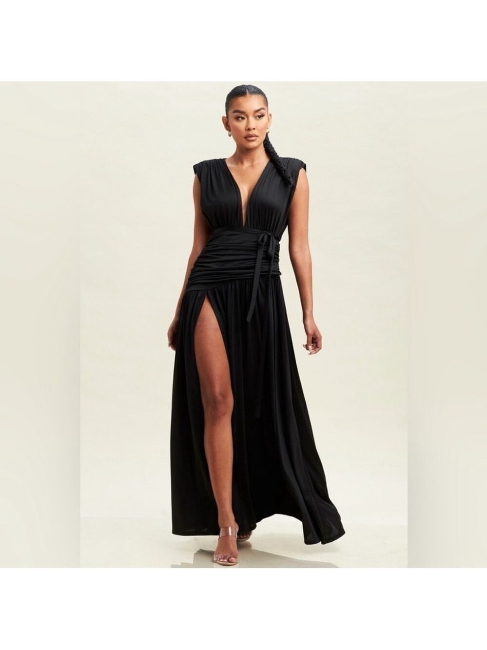 NWT Luxxel Ruched Side Slit Open Back Maxi Dress - Size Small